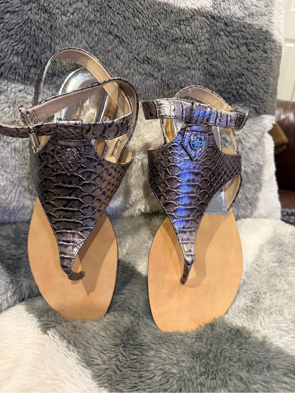 Guess Metallic Purple Croc-Embossed Thong Sandals - Women